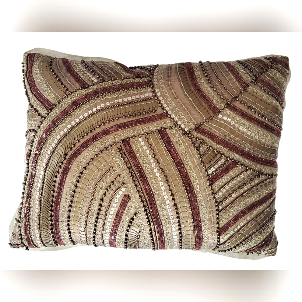 PIER 1 Decorative Pillow Beads, Maroon Sequins, Silky Fabricβ 12" x 16" Beige